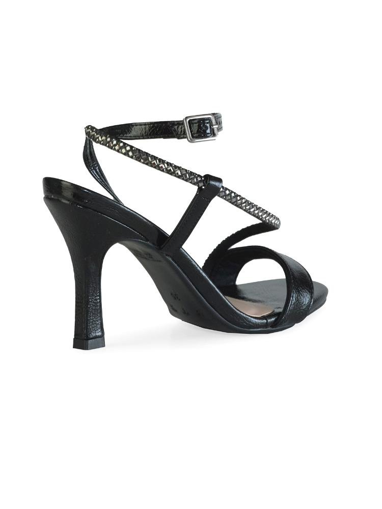Sandália Bebecê Monocromática Salto Alto Tiras Com Brilho Preto 4