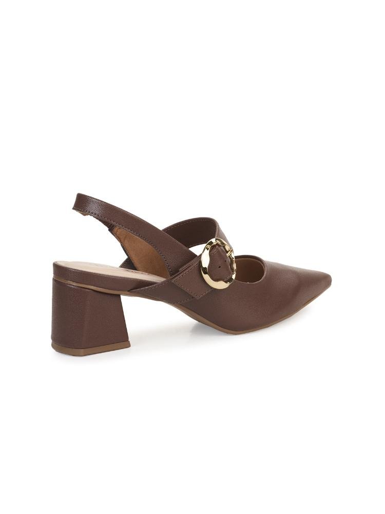Sapato Feminino Bebecê Bico Fino com Salto Bloco e Fivela Lateral Marrom 4