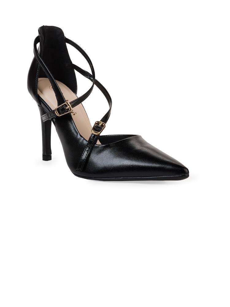 Scarpin Bebecê Bico Fino com Tiras Cruzadas e Salto Fino Preto 3