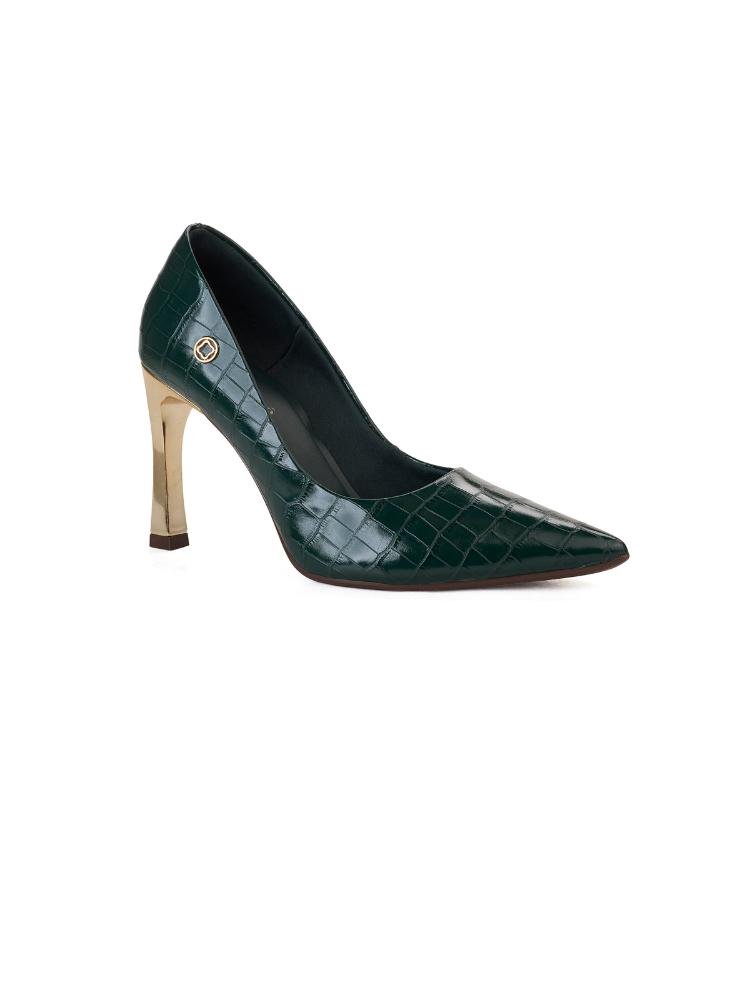 Scarpin Bebecê Classico Salto Fino Dourado Verde 3