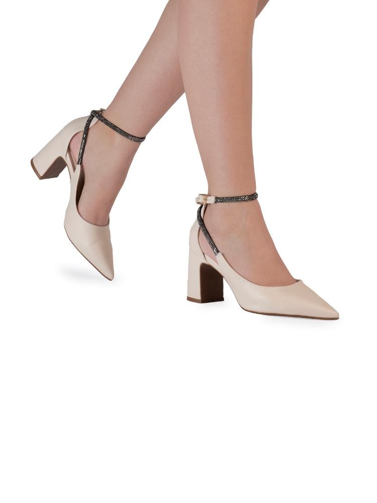 Scarpin Bebecê Salto Alto Bloco Detalhe Strass e Fivela Palmilha Comfy Bege/Preto 2