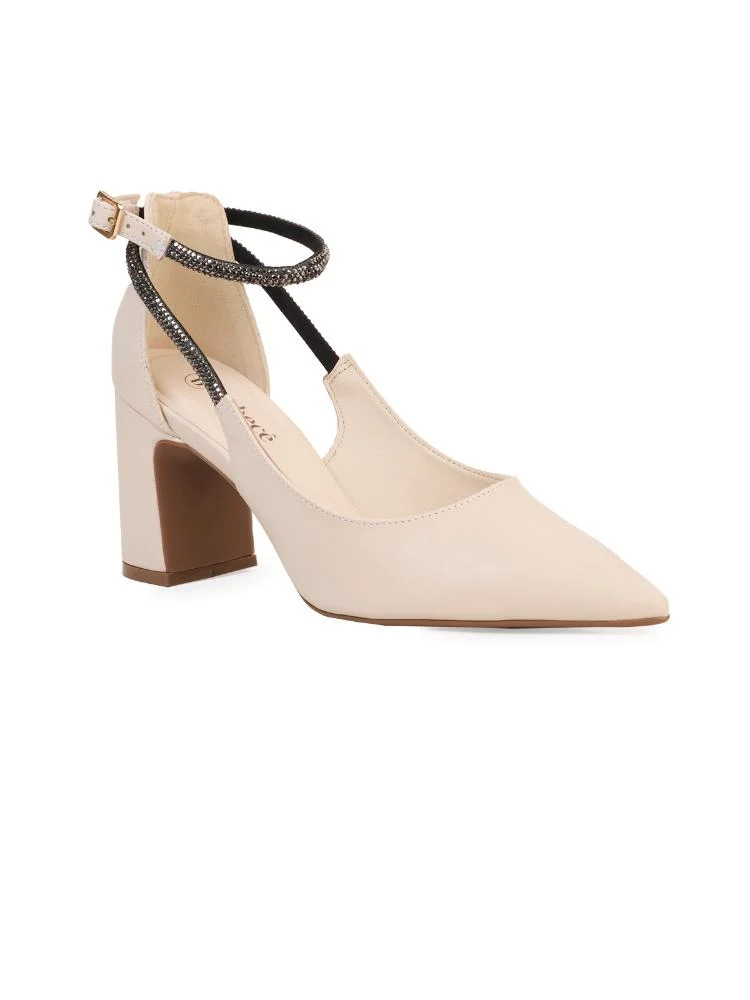 Scarpin Bebecê Salto Alto Bloco Detalhe Strass e Fivela Palmilha Comfy Bege/Preto 3