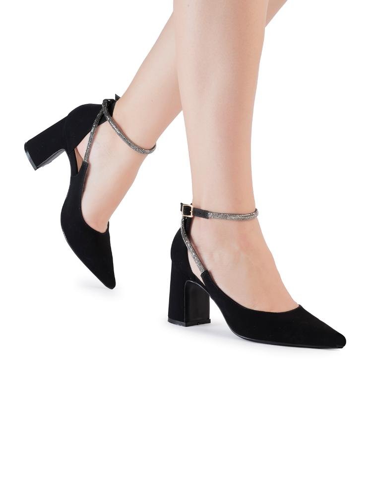 Scarpin Bebecê Salto Alto Bloco Detalhe Strass e Fivela Palmilha Comfy Preto 2