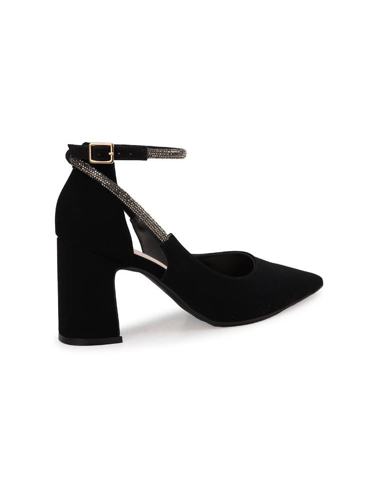 Scarpin Bebecê Salto Alto Bloco Detalhe Strass e Fivela Palmilha Comfy Preto 4