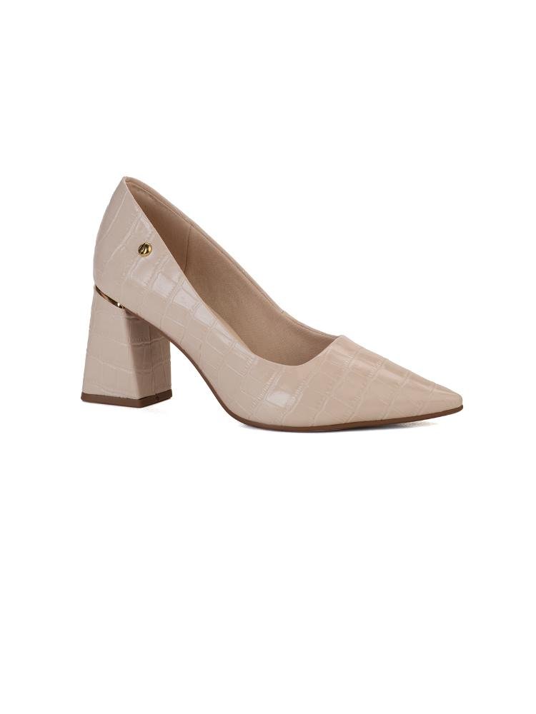Scarpin Bebecê Salto Bloco Com Detalhe Dourado Bege 3