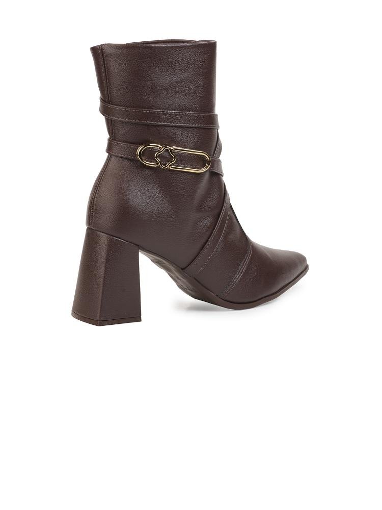 Bota Bebecê Cano Curto Tiras Salto Bloco Conforto Marrom 4