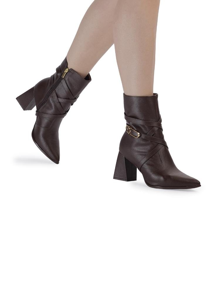 Bota Bebecê Cano Curto Tiras Salto Bloco Conforto Marrom 2