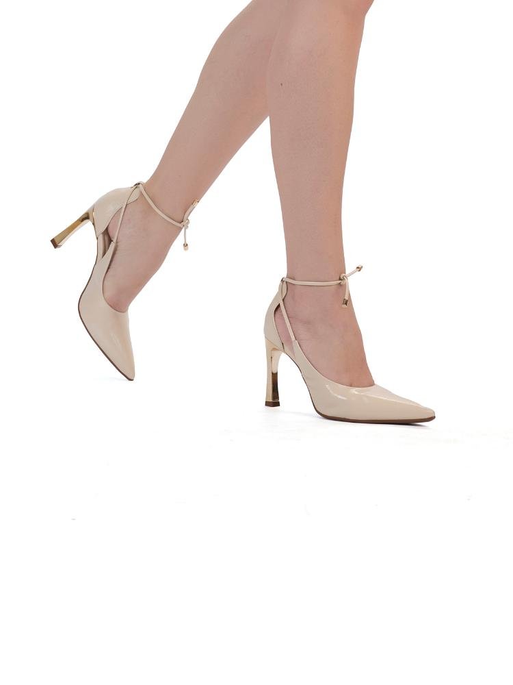 Scarpin Bebecê Salto Elegante Semi Aberto Tira Com Nó Bege 2