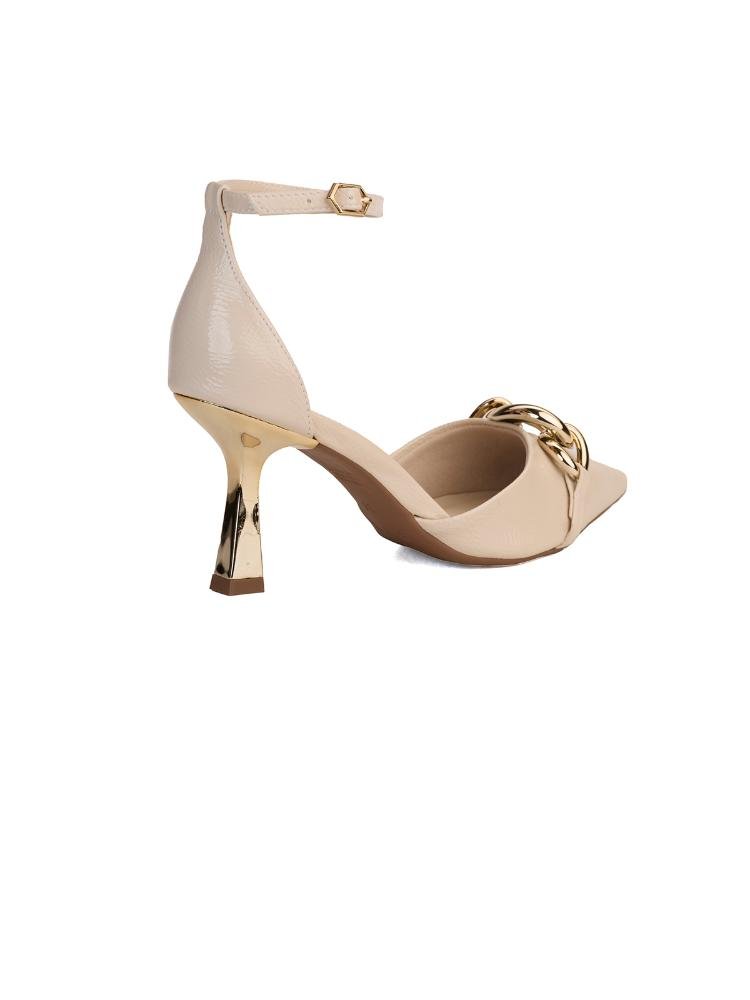 Scarpin Bebecê Salto Fino Semi Aberto com Enfeite Elos Bege 4