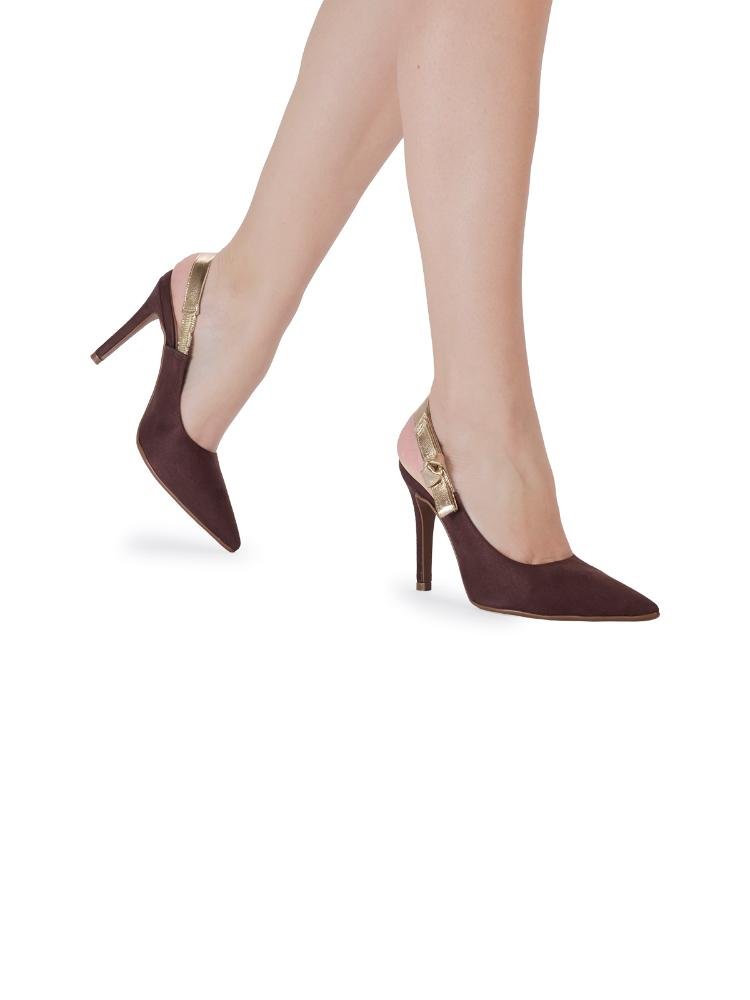 Scarpin Bebecê Slingback com Tira Metalizada e Salto Fino Marrom 2