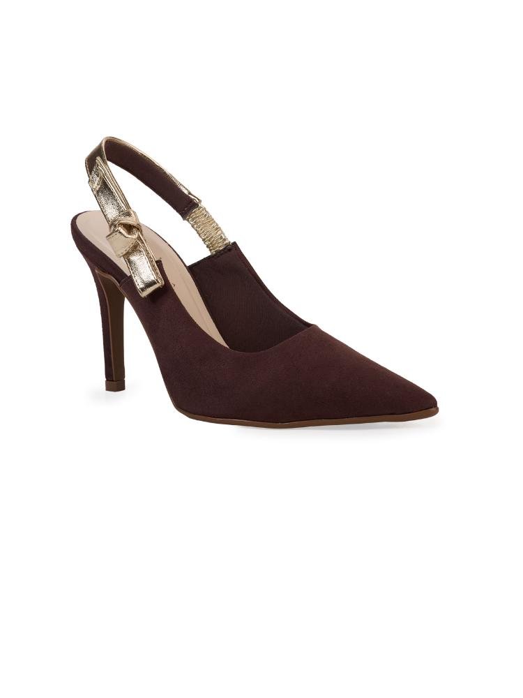 Scarpin Bebecê Slingback com Tira Metalizada e Salto Fino Marrom 3