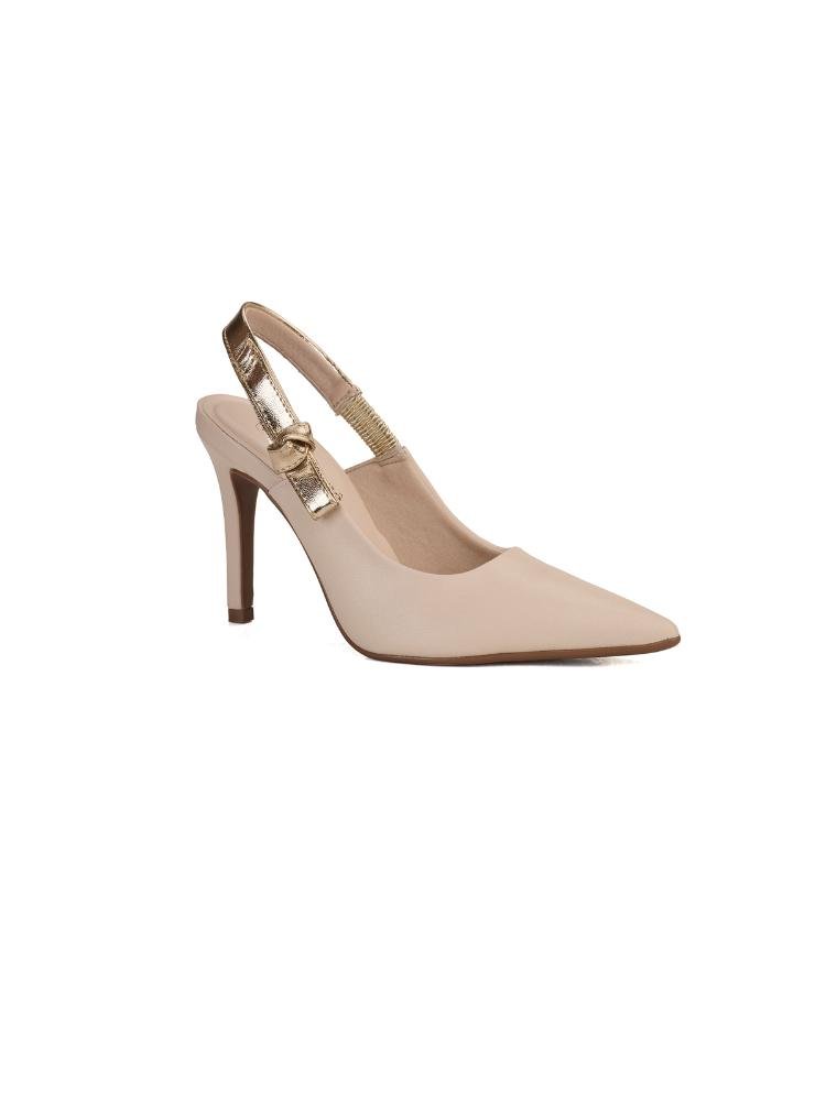 Scarpin Bebecê Slingback com Tira Metalizada e Salto Fino Bege 3