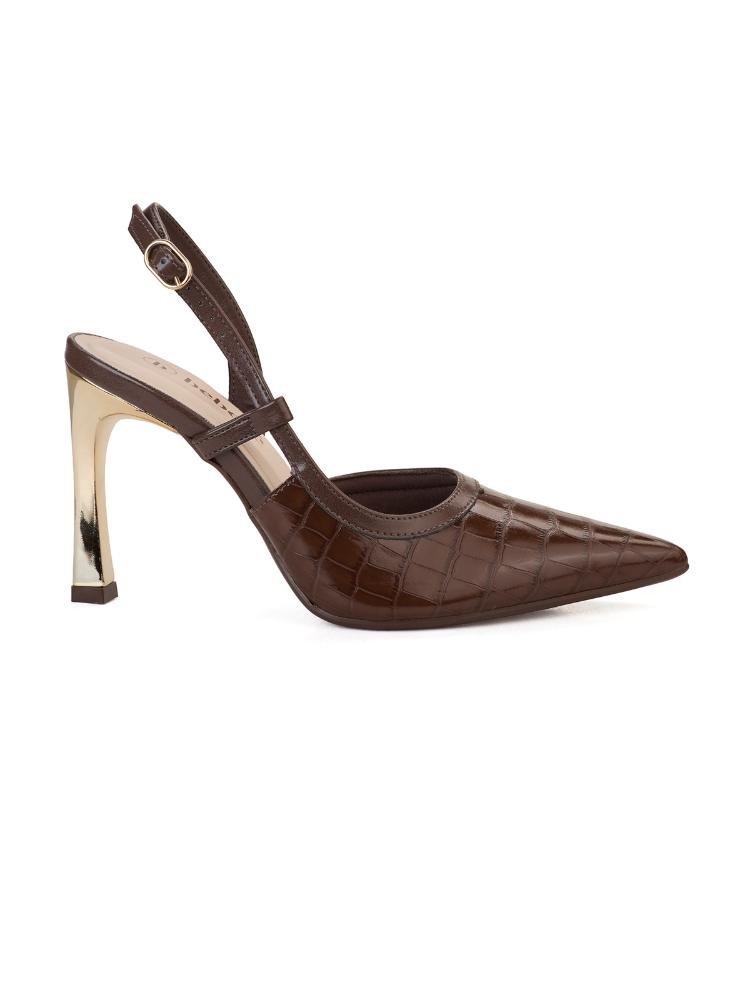 Scarpin Bebecê Slingback Salto Fino Lateral Aberta com Fivela Marrom 1