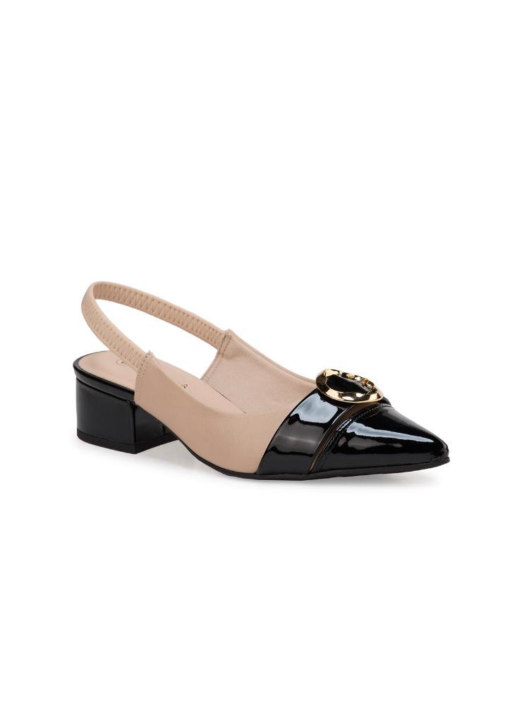 Scarpin Bebecê Slingback Sofisticado Com Bico Metalizado E Enfeite Nude/Preto 1