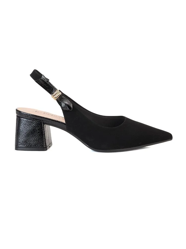 Scarpin Clássico Slingback Tira Com Enfeite Bebecê Salto Bloco Preto 3