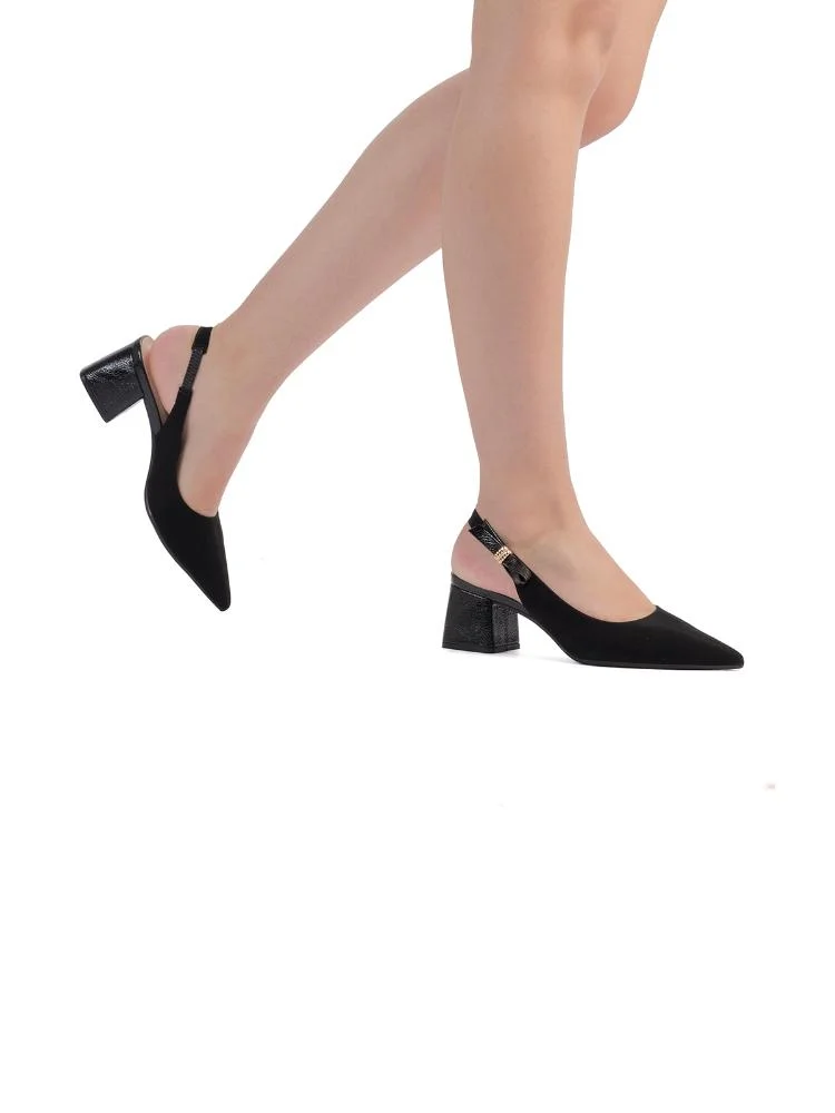 Scarpin Clássico Slingback Tira Com Enfeite Bebecê Salto Bloco Preto 4