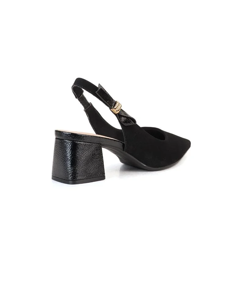 Scarpin Clássico Slingback Tira Com Enfeite Bebecê Salto Bloco Preto 2