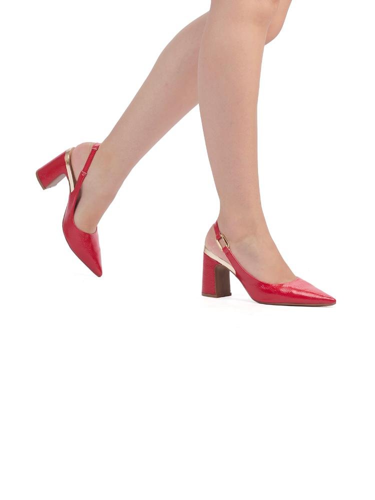Scarpin Clássico Slingback Tira Com Enfeite Salto Bloco Bebecê Vermelho 2