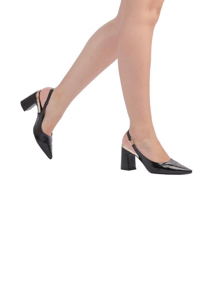 Scarpin Clássico Slingback Tira Com Enfeite Salto Bloco Bebecê Preto 2