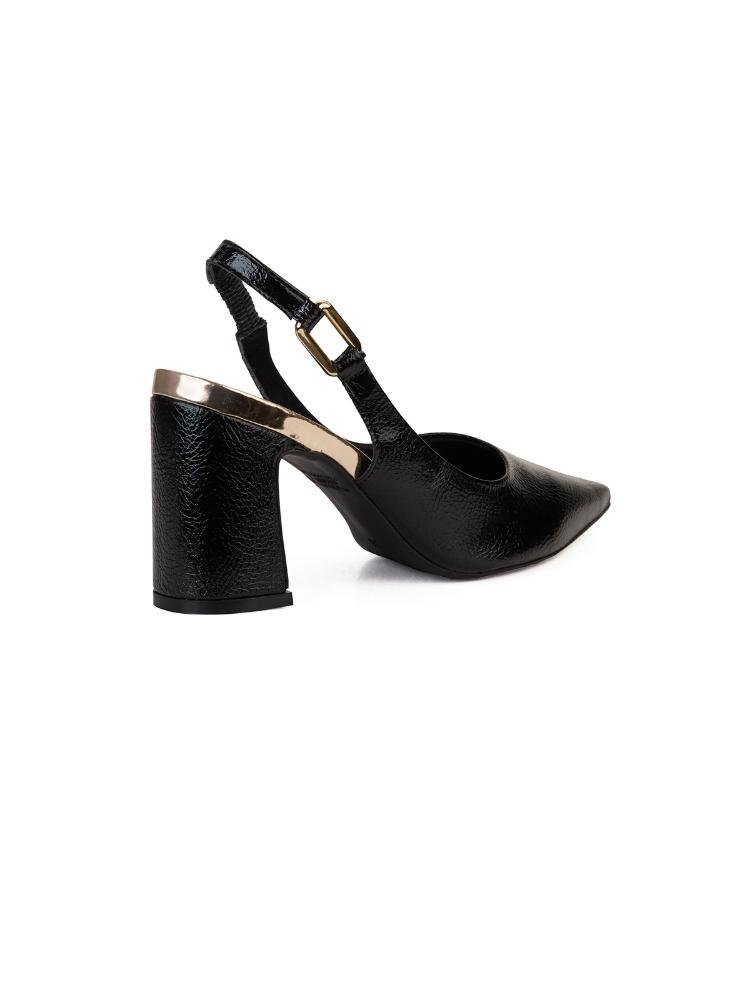 Scarpin Clássico Slingback Tira Com Enfeite Salto Bloco Bebecê Preto 4