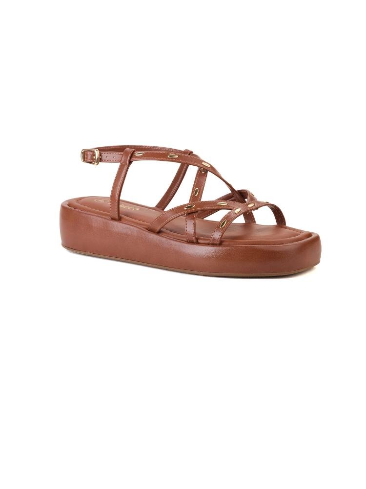 Sandália Flatform Tiras Cruzadas Com Detalhes Em Tachas Marrom 3