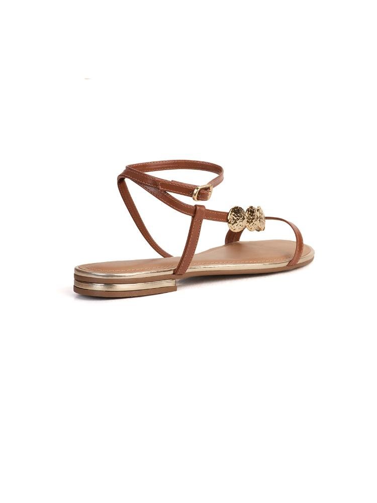 Sandália Rasteira Bebecê Fechamento Tornozelo Enfeite Gotas Douradas Marrom 4