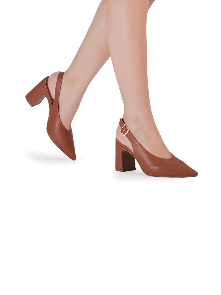 Scarpin Slingback Bebecê Salto Bloco com Fivela Lateral Marrom 2