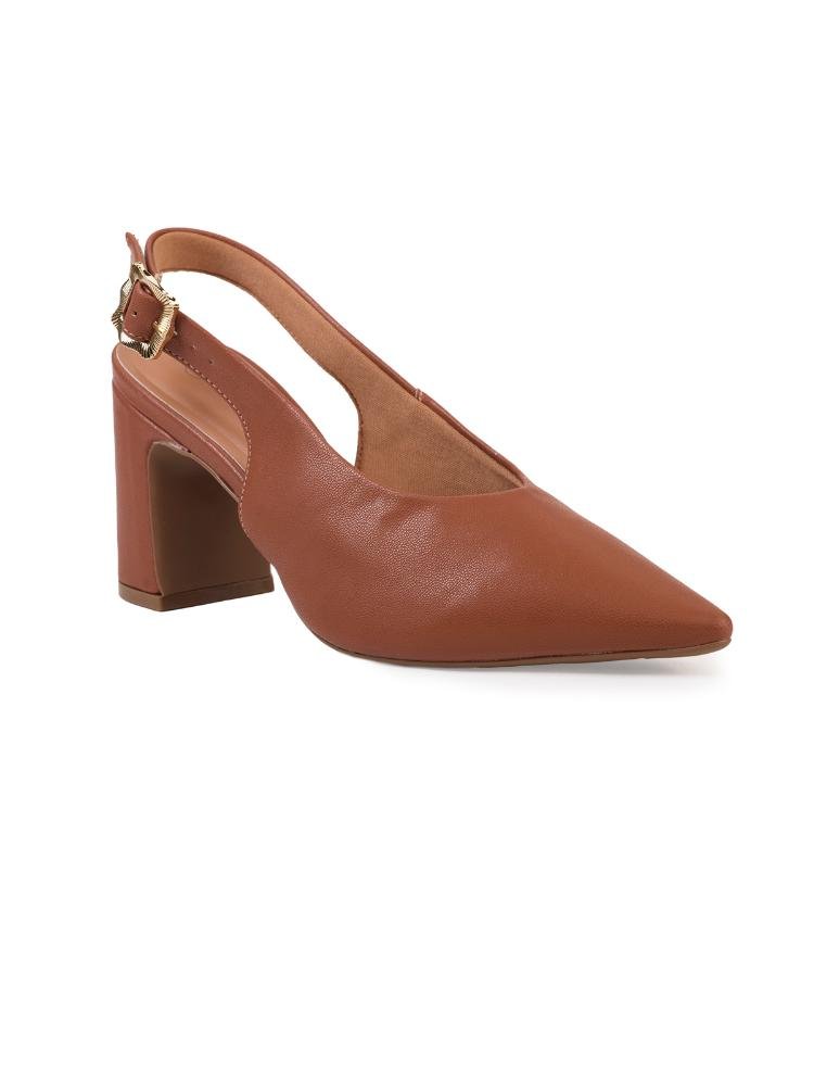 Scarpin Slingback Bebecê Salto Bloco com Fivela Lateral Marrom 3