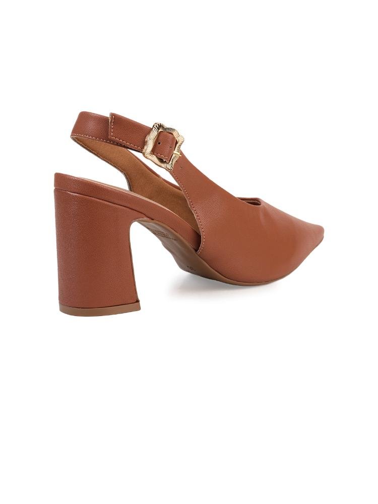 Scarpin Slingback Bebecê Salto Bloco com Fivela Lateral Marrom 4