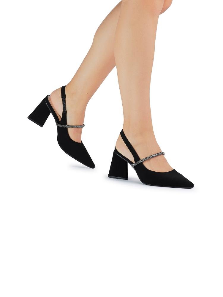 Scarpin Slingback Bebecê Salto Alto Geométrico Tiras com Strass Preto 2