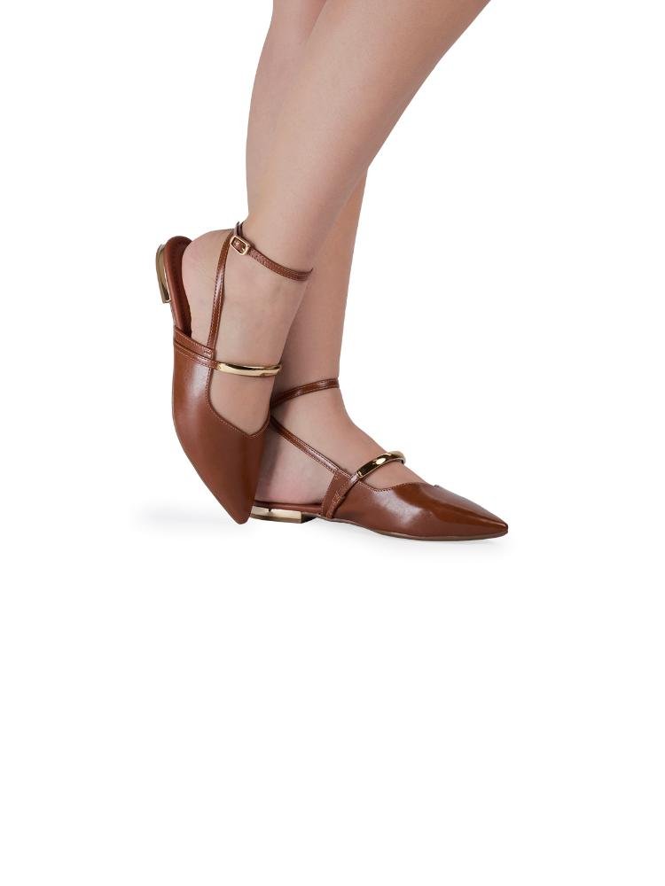 Sapatilha Slingback Bebecê Bico Fino e Tira Dupla no Tornozelo Marrom 2