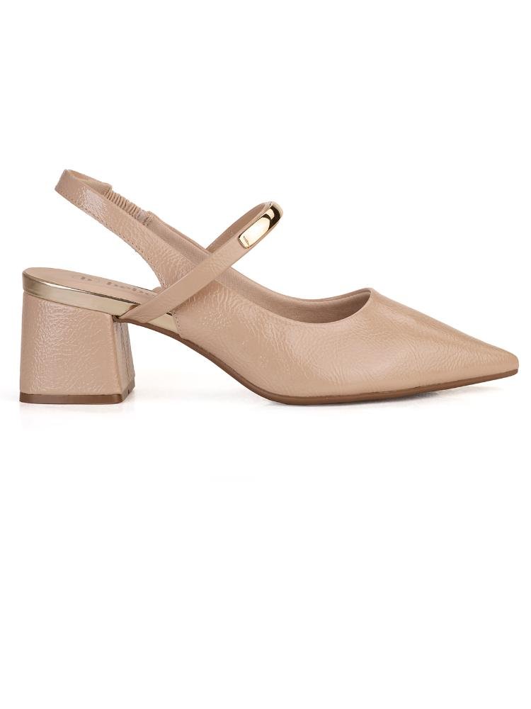 Scarpin  Slingback Bebecê Salto Bloco Com Tira Metalizada Bege 2
