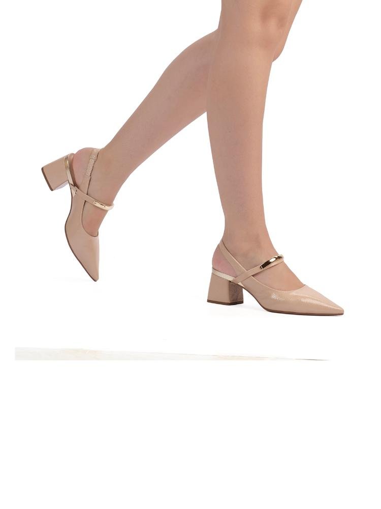 Scarpin  Slingback Bebecê Salto Bloco Com Tira Metalizada Bege 3