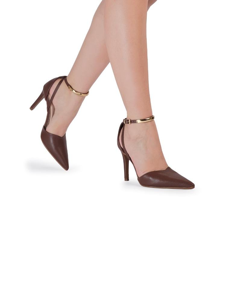Scarpin Bebecê de Salto Alto com Tiras Cruzadas no Tornozelo Marrom 2