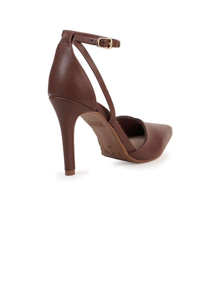 Scarpin Bebecê de Salto Alto com Tiras Cruzadas no Tornozelo Marrom 3
