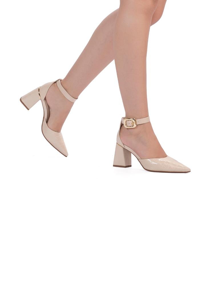 Scarpin Bebecê Salto Bloco Tira Com Fivela Bege 2