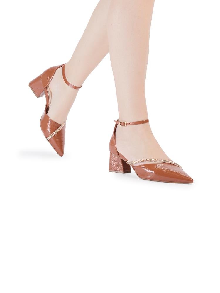Scarpin Semi Aberto Bebecê com Tira de Strass Marrom 2