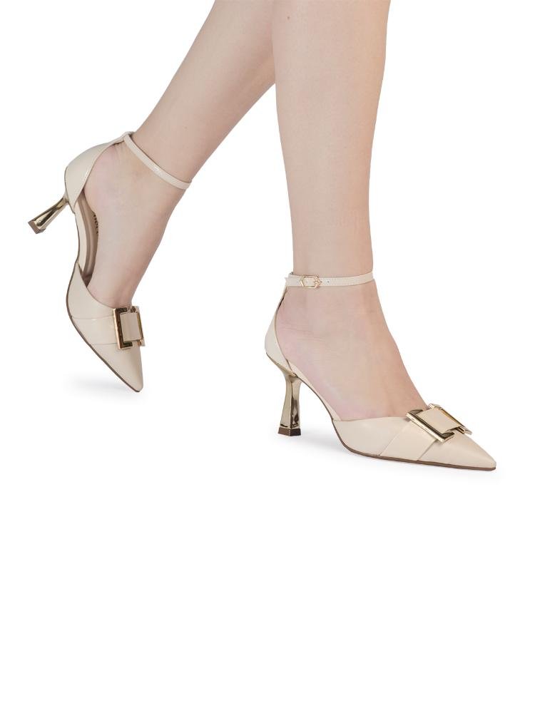 Scarpin Feminino Bebecê com Fivela e Salto Taça Bege 2