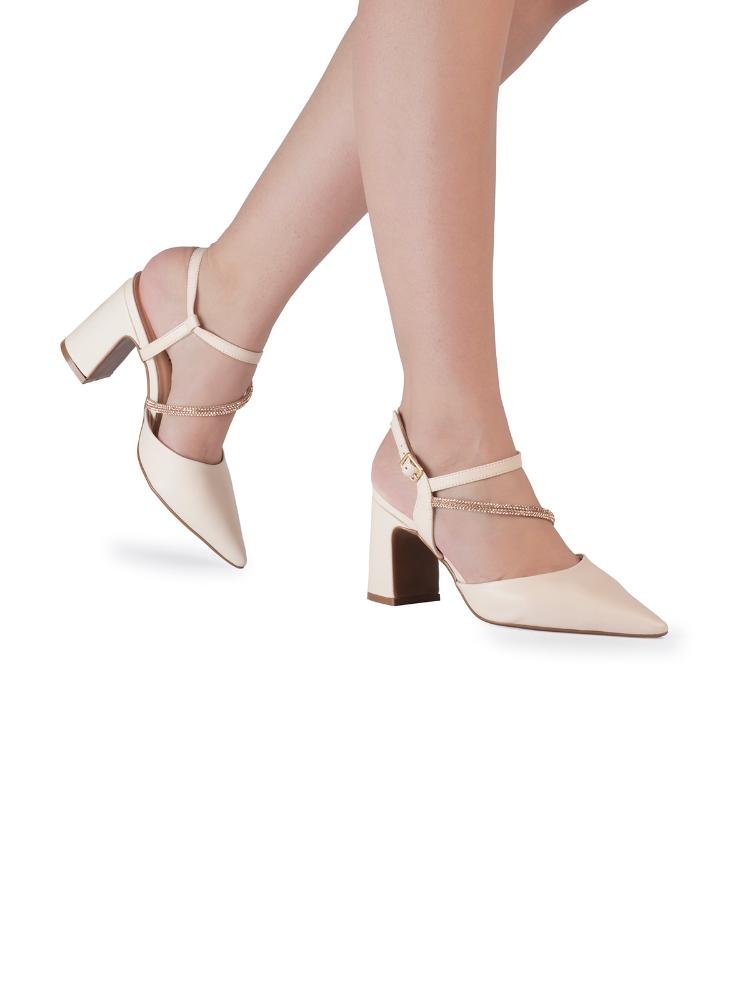 Scarpin Slingback Bebecê Salto Bloco Tiras Cruzadas Bege 2