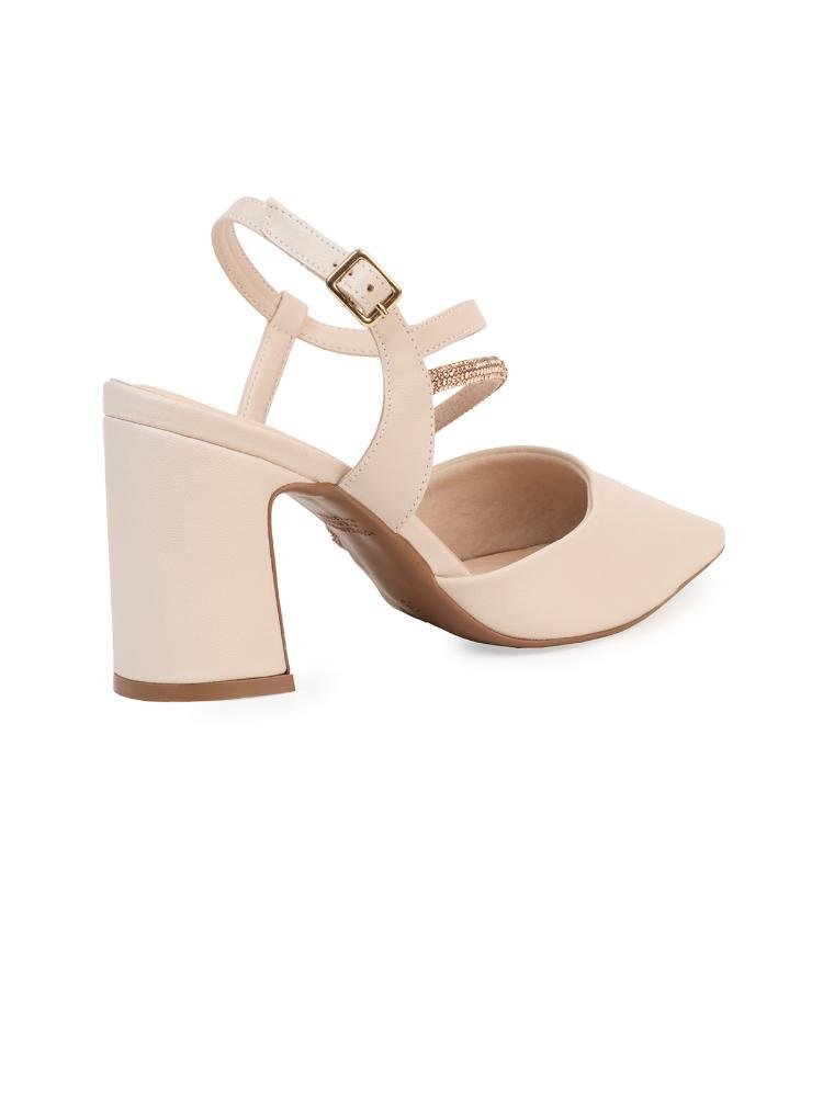 Scarpin Slingback Bebecê Salto Bloco Tiras Cruzadas Bege 4