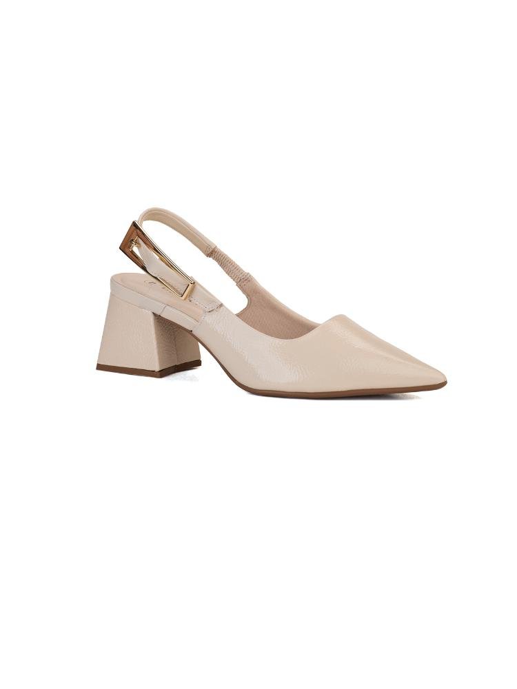 Scarpin Slingback Bebecê Salto Bloco Verniz Toffee Bege 3