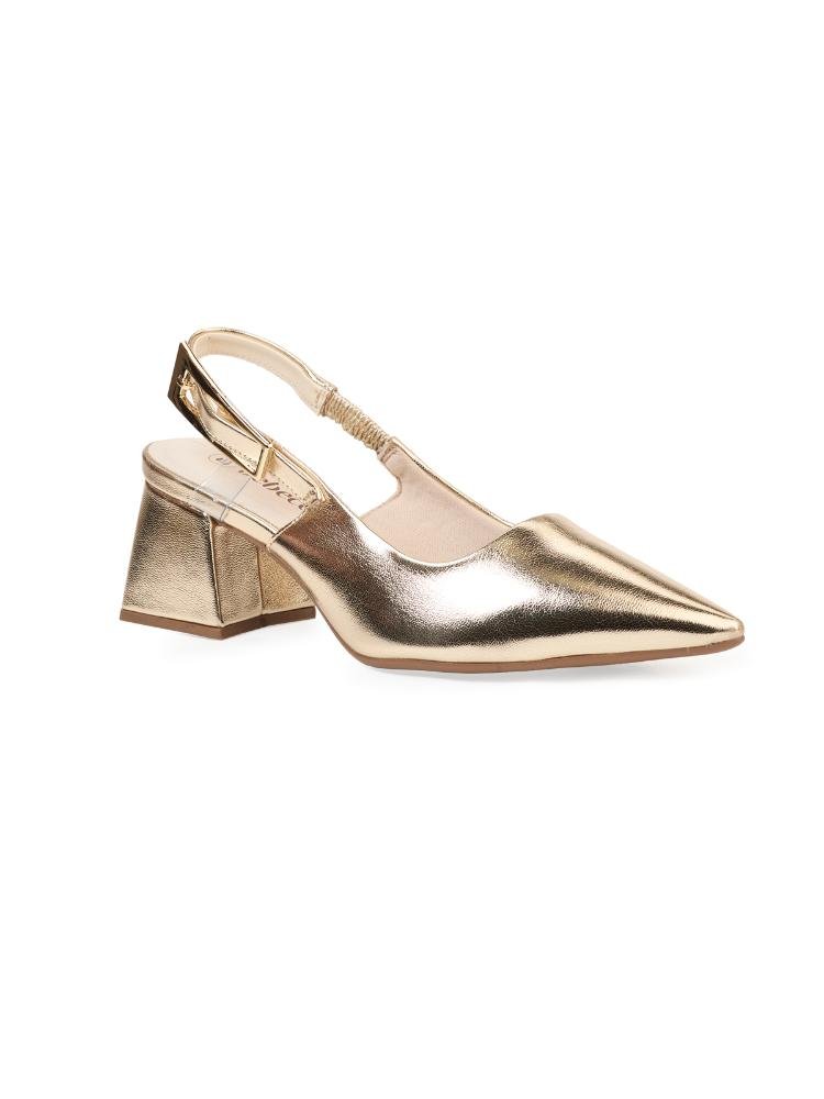 Scarpin Slingback Bebecê Salto Bloco Verniz Toffee Dourado 3