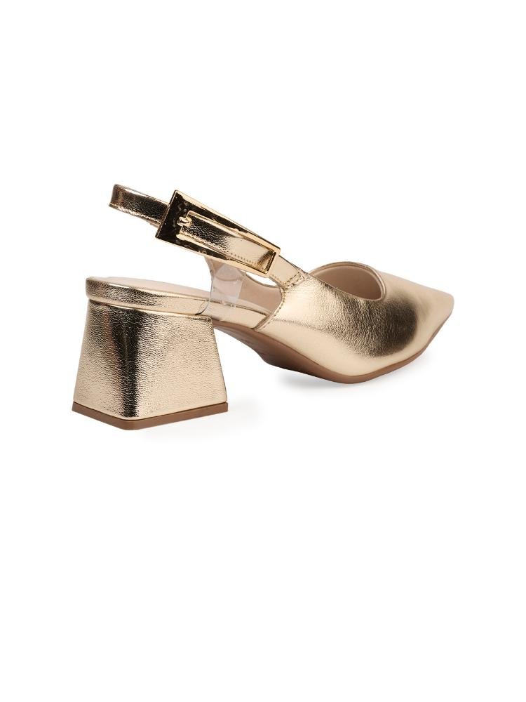 Scarpin Slingback Bebecê Salto Bloco Verniz Toffee Dourado 4