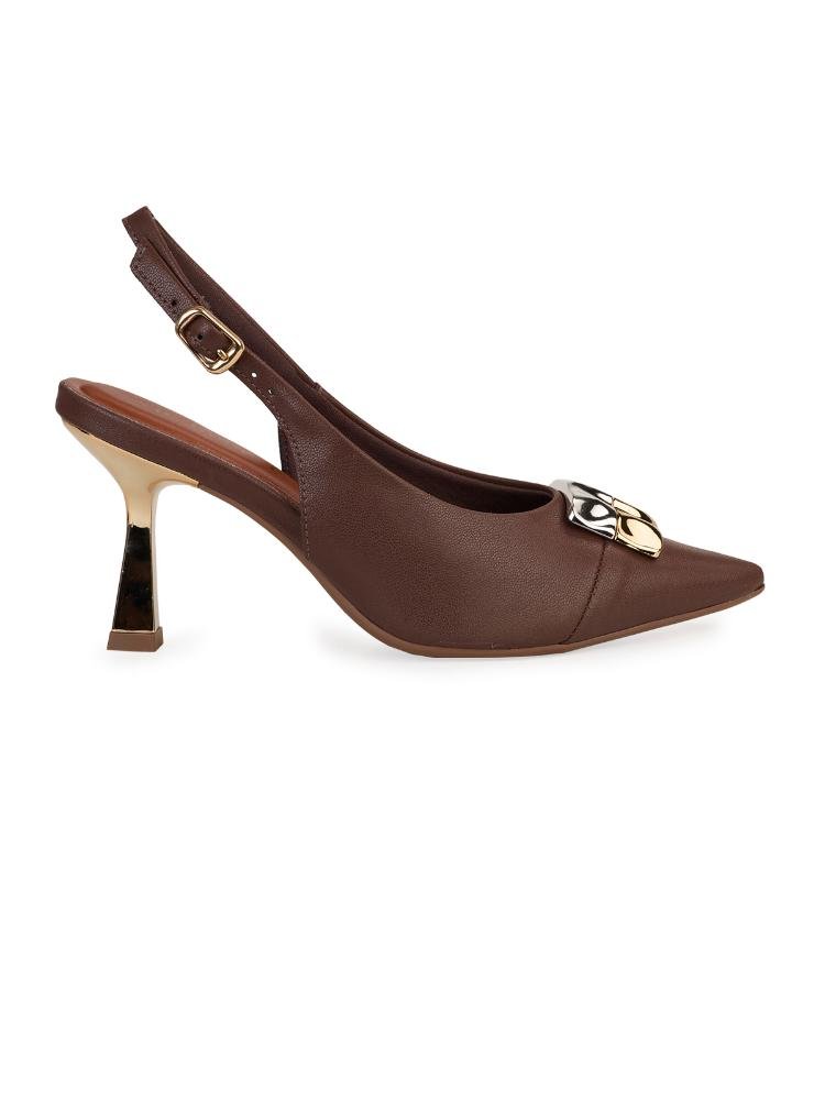 Scarpin Slingback Bebecê Salto Dourado Fino Com Enfeite Quadrado
