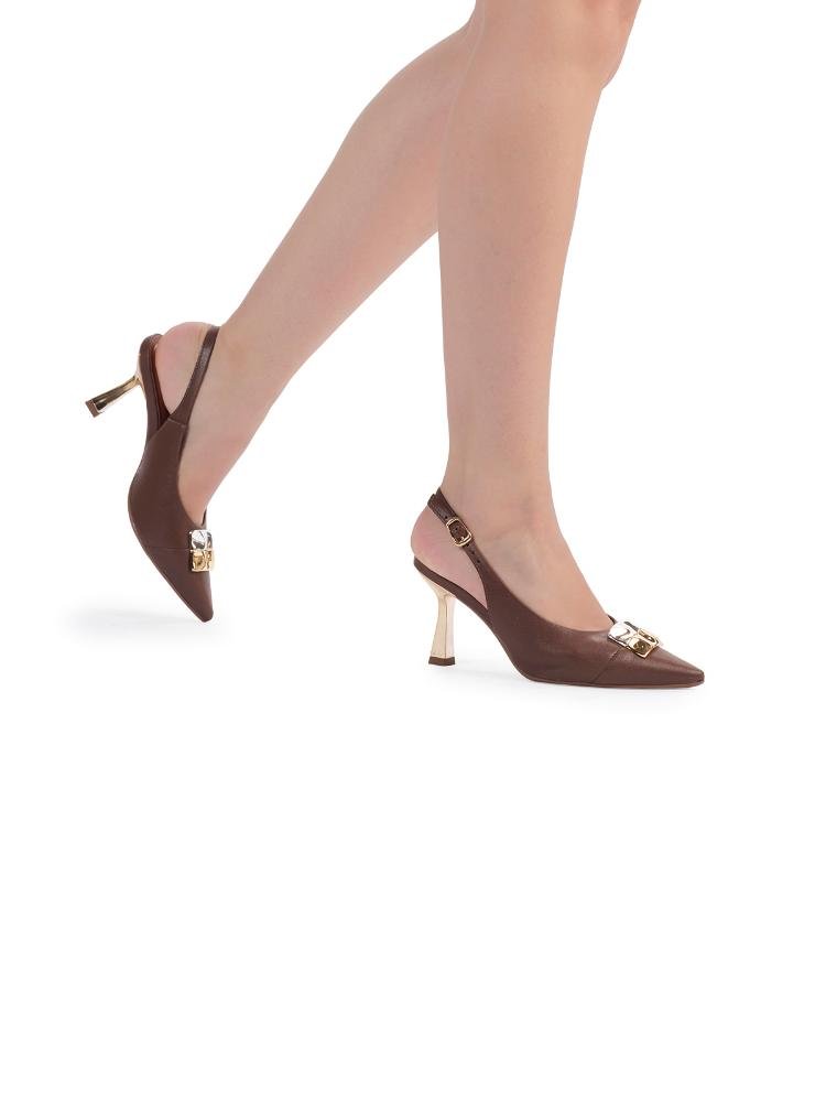 Scarpin Slingback Bebecê Salto Dourado Fino Com Enfeite Quadrado Marrom 2