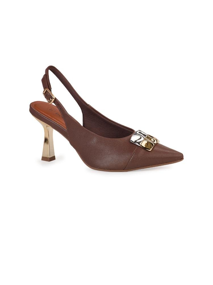 Scarpin Slingback Bebecê Salto Dourado Fino Com Enfeite Quadrado Marrom 3