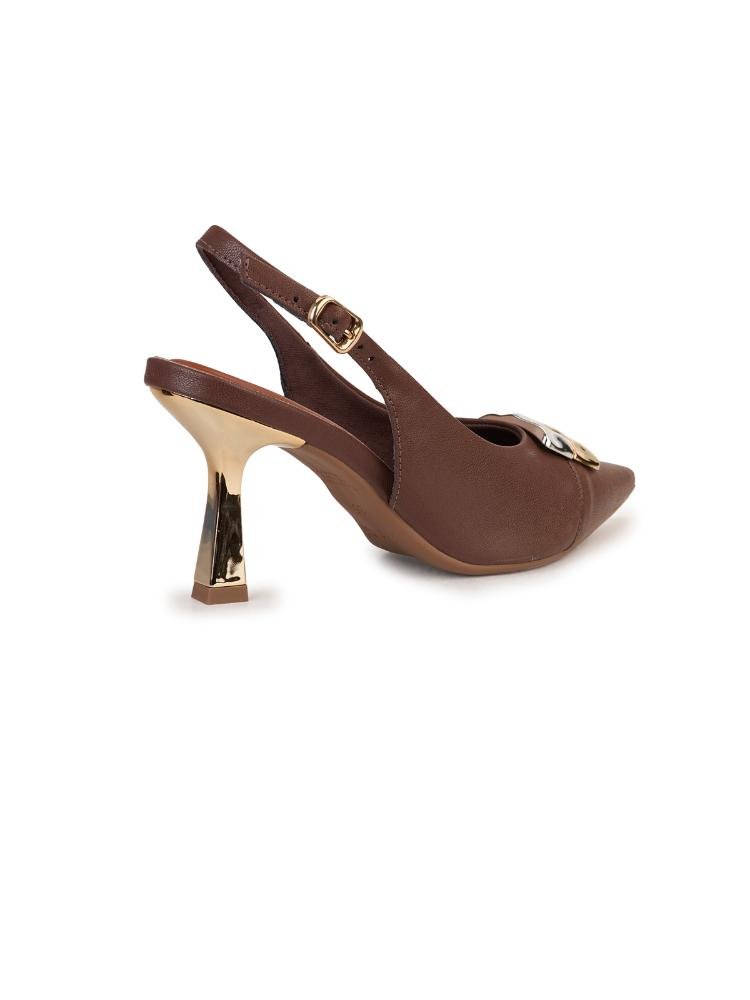 Scarpin Slingback Bebecê Salto Dourado Fino Com Enfeite Quadrado Marrom 4