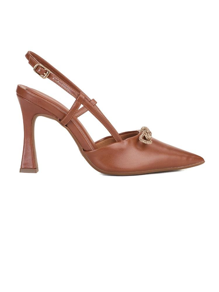 Scarpin Slingback Bebecê Salto Fino com Enfeite Laço Strass Marrom 2