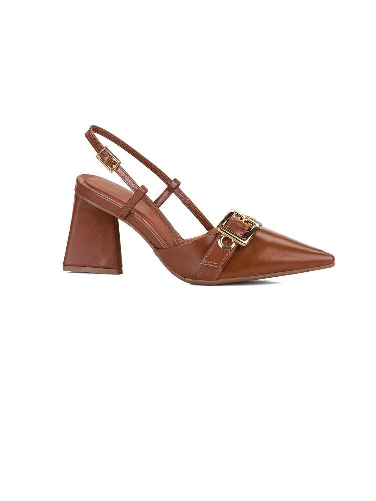 Scarpin Slingback Bebecê Salto Geométrico com Enfeite Maxi Fivela Marrom 3