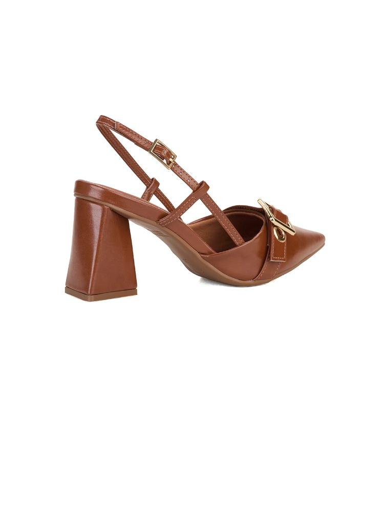 Scarpin Slingback Bebecê Salto Geométrico com Enfeite Maxi Fivela Marrom 4